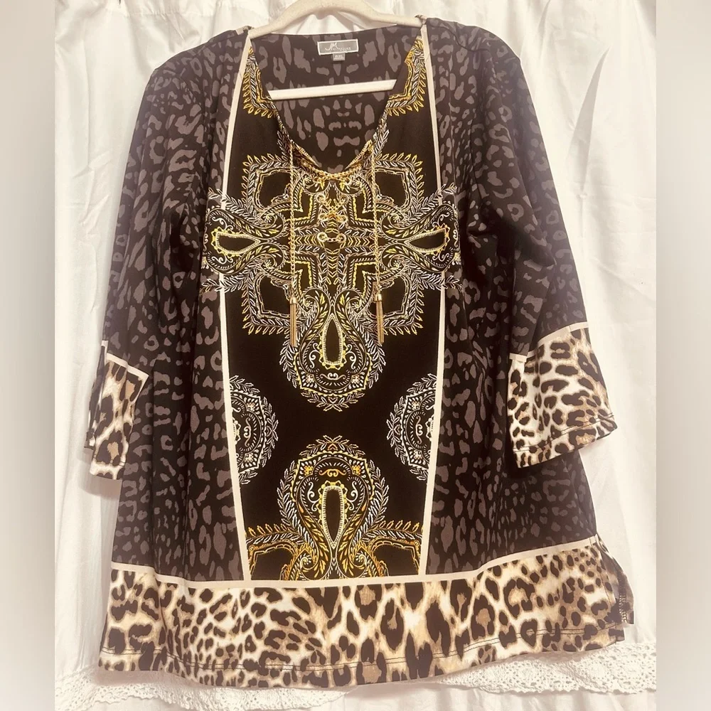 JM Collection Y2K Leopard-Panther Print w/Gold Chain Front Closure Blouse P/XL - Picture 2 of 11